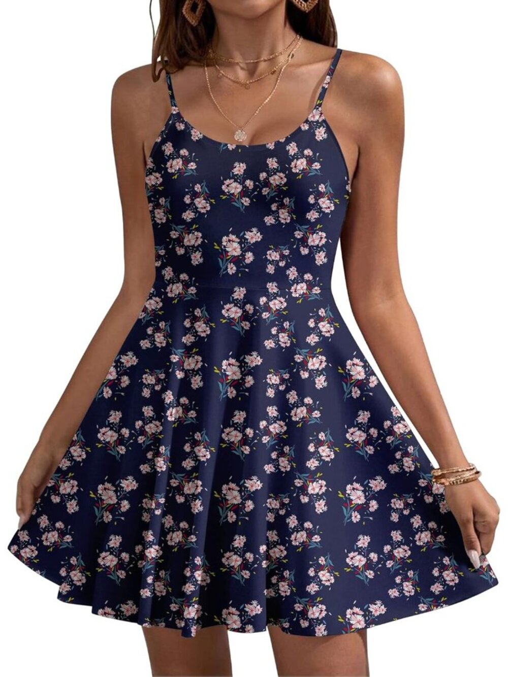 Women's Navy Pink Floral Summer Dress Spaghetti Strap Floral Mini Casual Dress